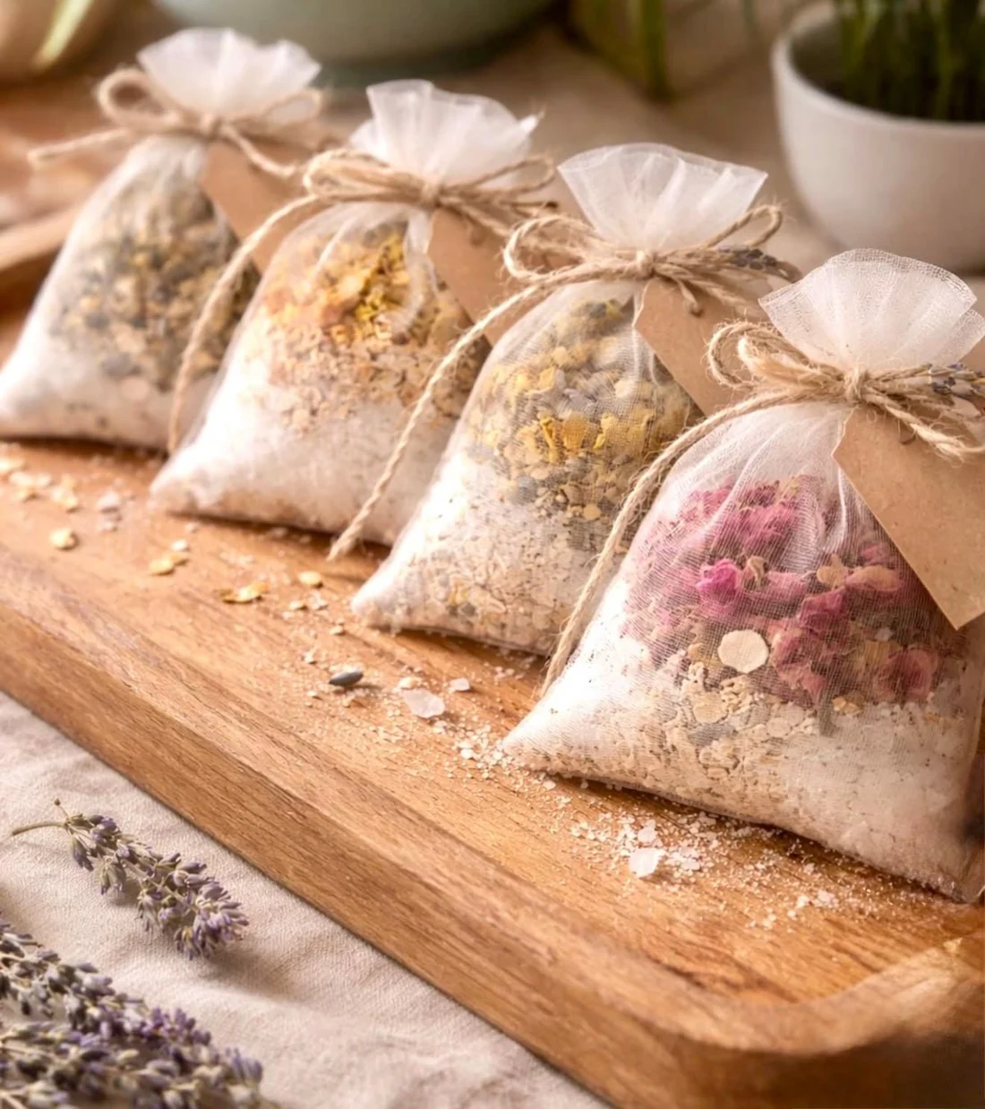 Individual pouches of dried herbs and flowers